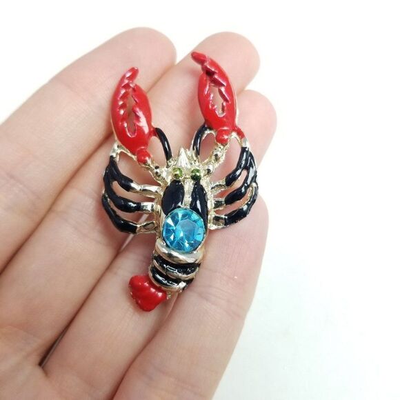 Vintage Lobster Crawfish Enamel Brooch with Blue Rhinestone, Retro Lapel Pin - Picture 6 of 6